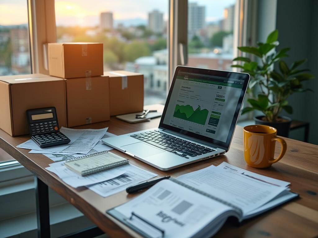 "High-end DSLR photo of a modern desk with a laptop displaying QuickBooks software, e-commerce shipping boxes, and financial documents, with a Fort Collins cityscape in the background."