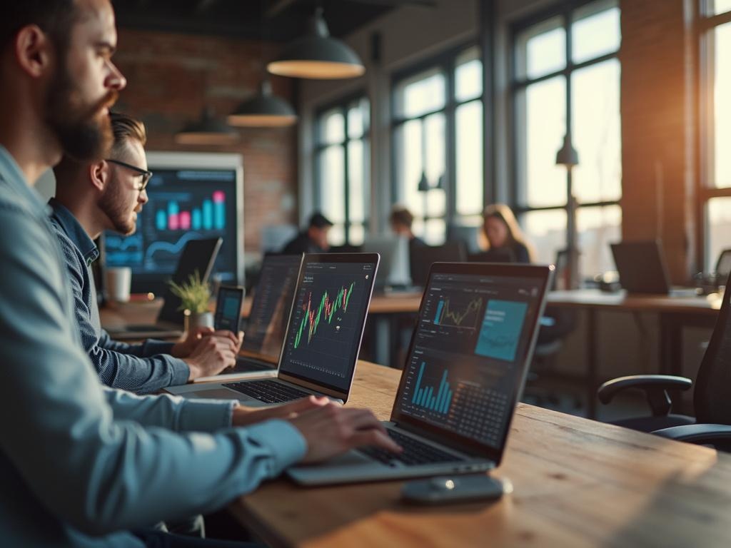 Entrepreneurs working on laptops in a bright, modern co-working space in Fort Collins with wood and metal finishes, financial dashboards on multiple screens, shot in 8K resolution with a Canon EOS R5.