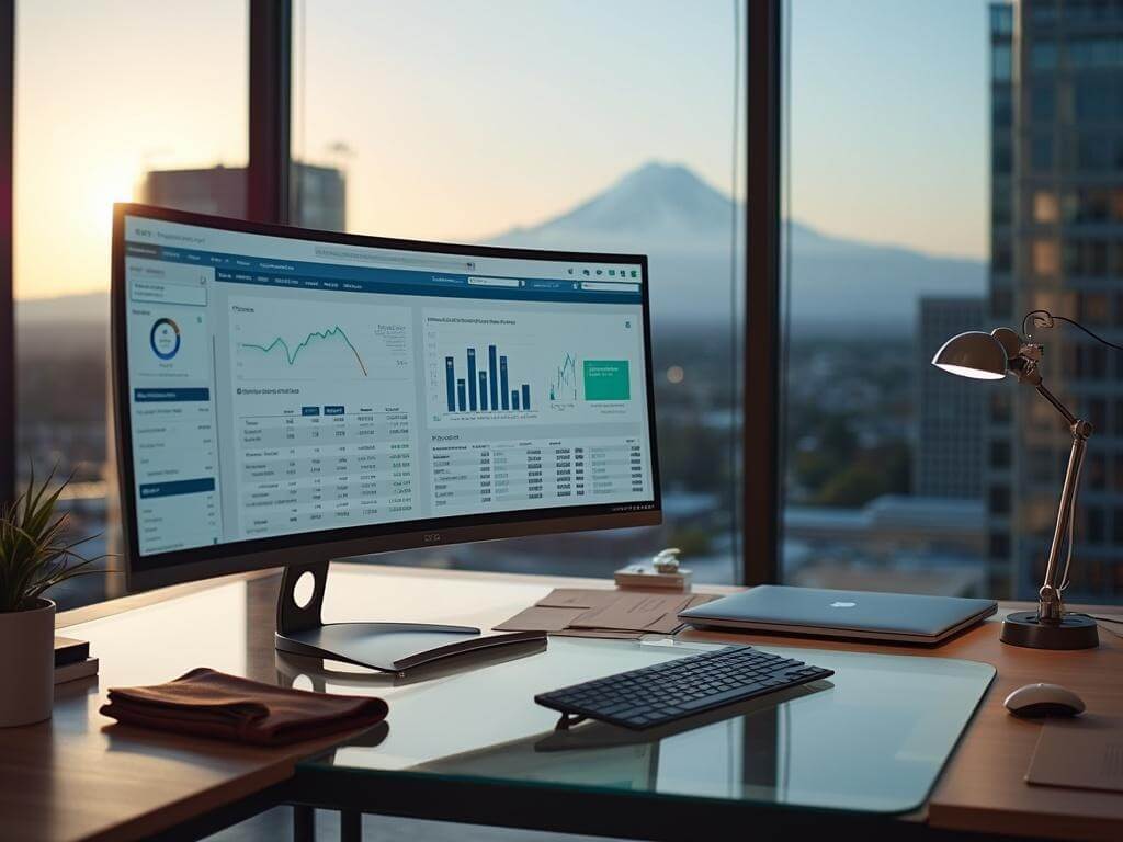 "Contemporary office setup with ultrawide monitor displaying financial software, MacBook Pro, and cityscape view of Portland."
