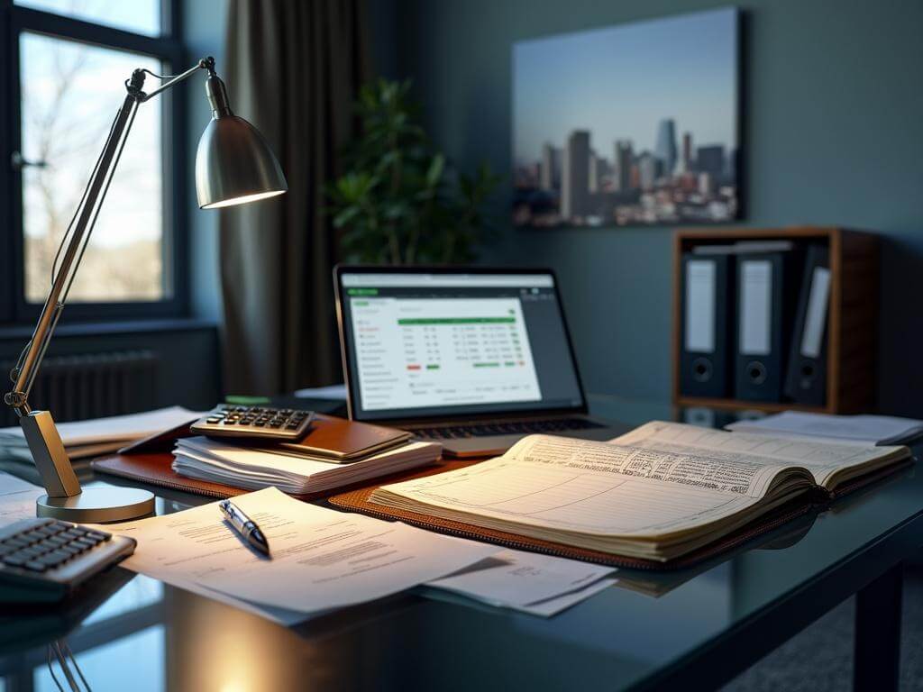 "Modern office desk scene with ledger, laptop with QuickBooks, desk lamp, calculator, fountain pen, and wireless keyboard on a glass desk, with a Fort Collins cityscape canvas print in the background."