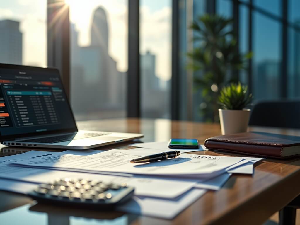 "Modern office desk with laptop showcasing accounting software, organized financial documents, ledger, and cityscape background."