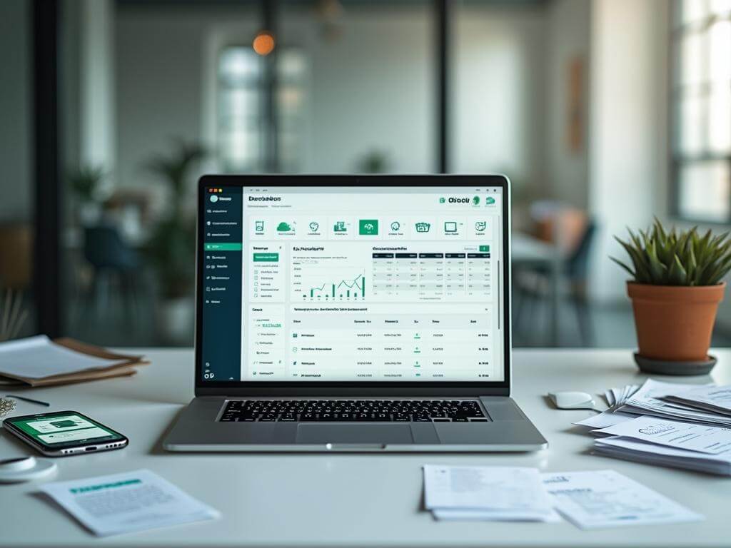 "High-end office setup featuring QuickBooks dashboard on a sleek laptop, banking app on a smartphone, along with financial documents, in a modern and professional setting."