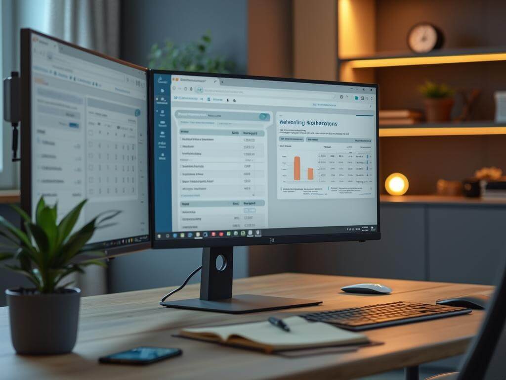 Modern remote bookkeeping setup with dual monitors displaying cloud-based accounting dashboard and secure file sharing system, surrounded by office essentials in a minimalist, warmly lit Scandinavian office space.