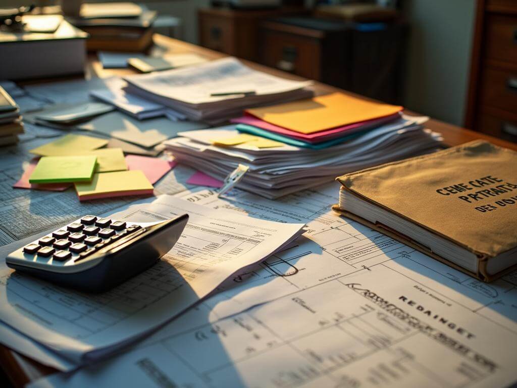 Cluttered construction office with paper-based bookkeeping, paperwork, checkbooks, sticky notes, handbook on 'Retainage Accounting', and blueprints on a rough wooden table, with a filing cabinet and calendar in the soft-focus background.