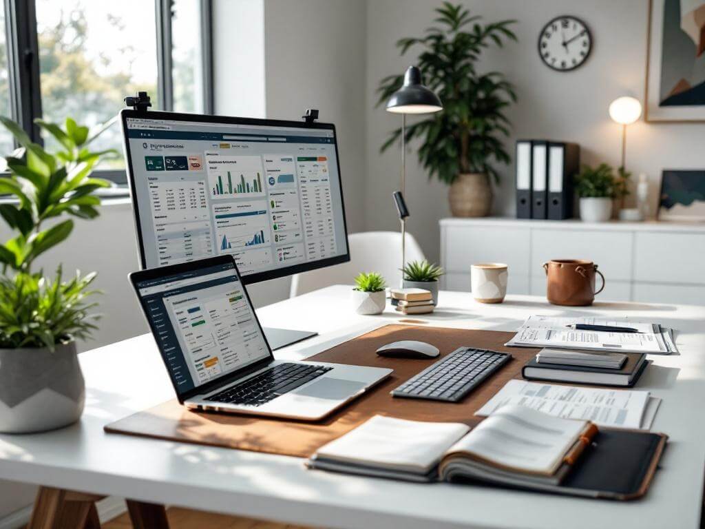"Modern professional bookkeeping workspace with MacBook Pro showcasing QuickBooks, organized receipts, floating monitor with financial spreadsheets, and office materials on a minimalist desk."