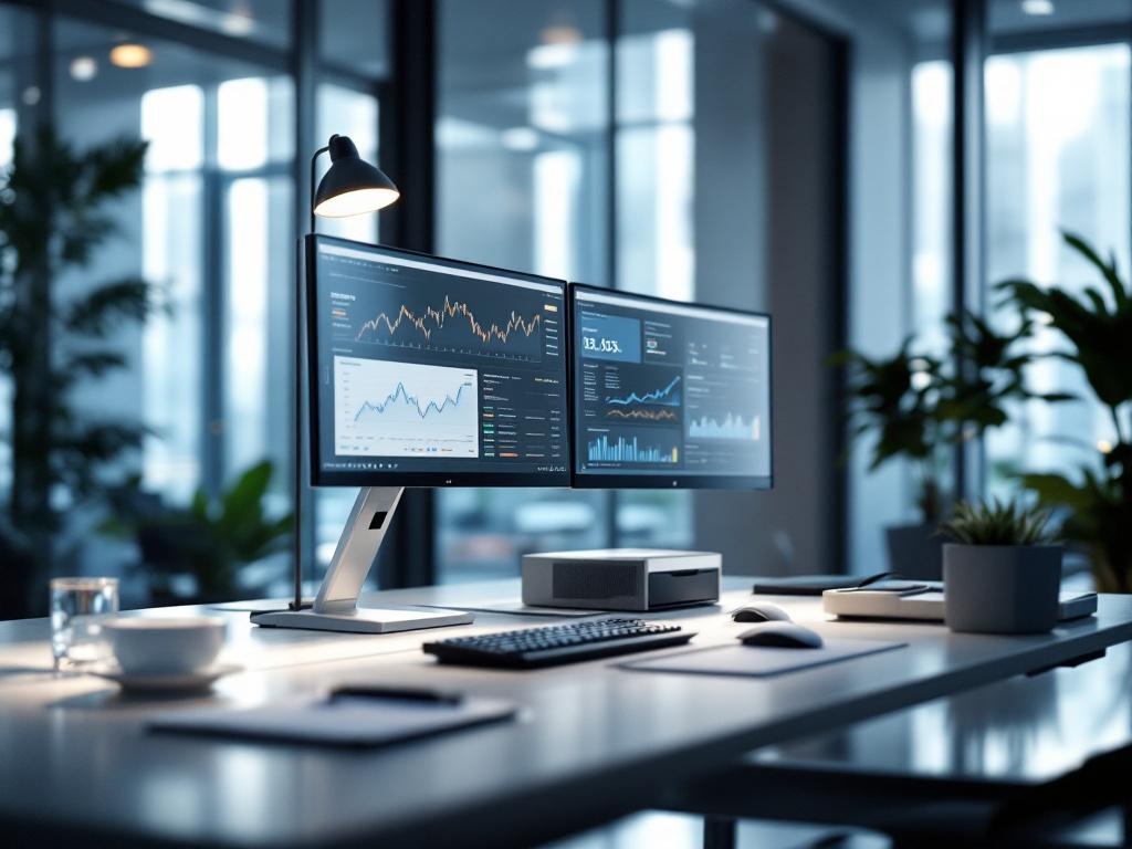 Modern, pristine financial office workspace with sophisticated desk setup, dual monitors displaying dashboards, shot with natural light from floor-to-ceiling windows.