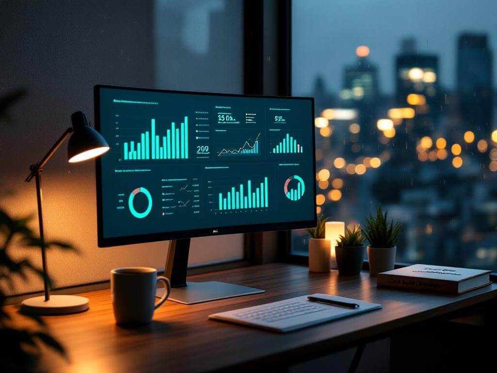 Quiet office corner with ultrawide curved monitor displaying blurred financial dashboards, next to a coffee mug, legal notepad, and book on cloud compliance, all under warm desk lamp, against rain-speckled windowpane at dusk.