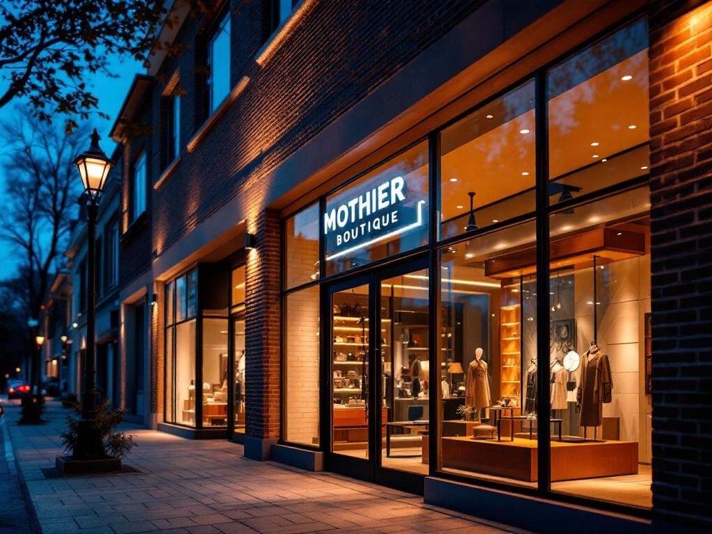 Modern brick boutique storefront at dusk with warm interior lighting, dramatic uplighting, large display windows, and contemporary signage.