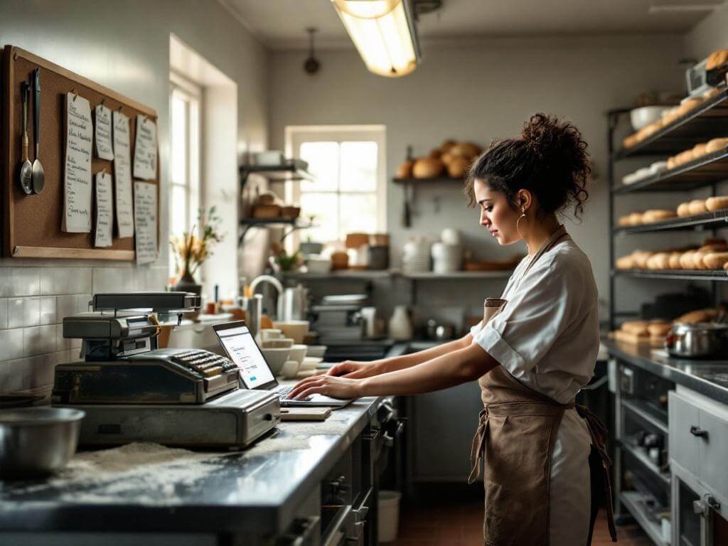 Bakery kitchen in morning light with flour-dusted counters, inventory lists, vintage cash register, laptop on a bookkeeping dashboard, and female baker kneading dough, blending traditional craft with modern tools.