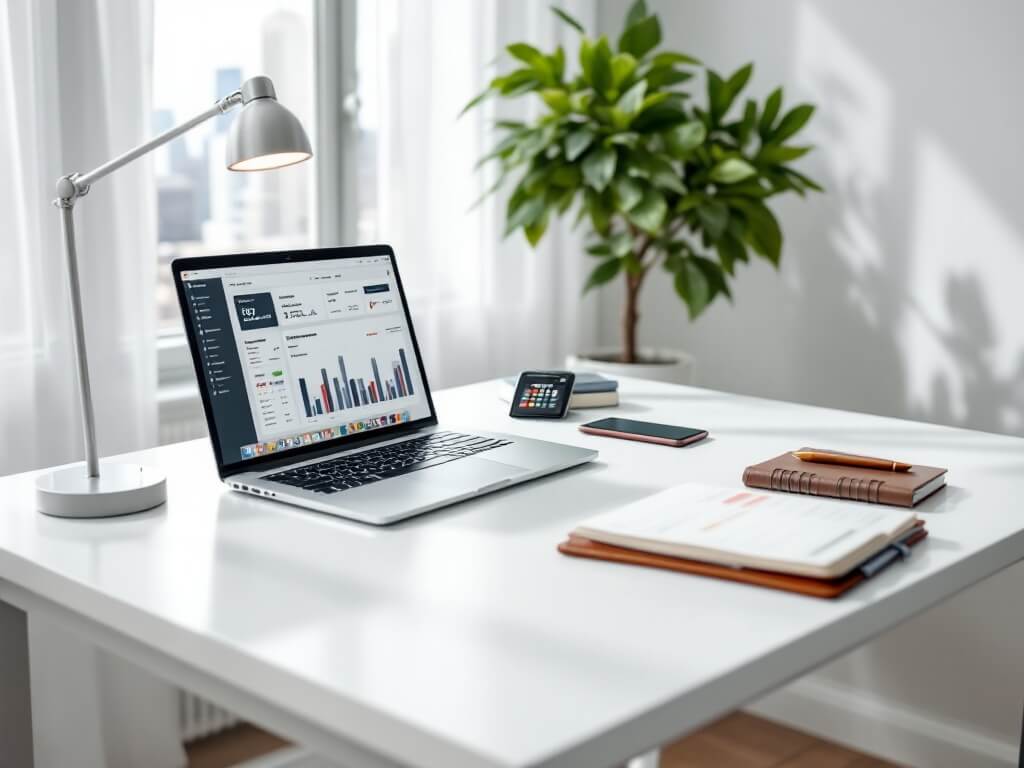 "Modern office desk setup with MacBook Pro displaying QuickBooks, organized receipts, wireless calculator, smartphone showing Stripe interface, leather planner, desk lamp, and a potted succulent against a minimalist backdrop."