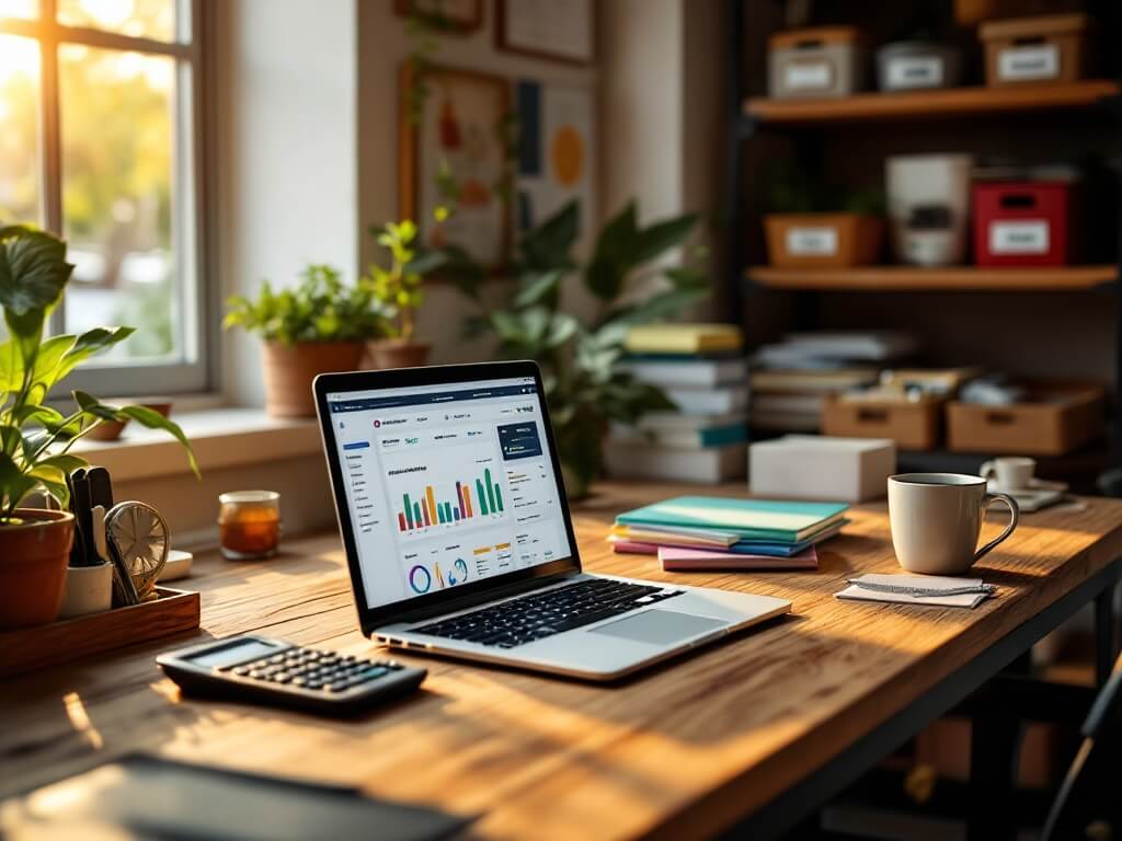Modern bookkeeping office in Dallas at golden hour, featuring a MacBook with QuickBooks dashboards, calculator, color-coded folders, and a coffee mug on a reclaimed wood desk, with organized shelving in the background.