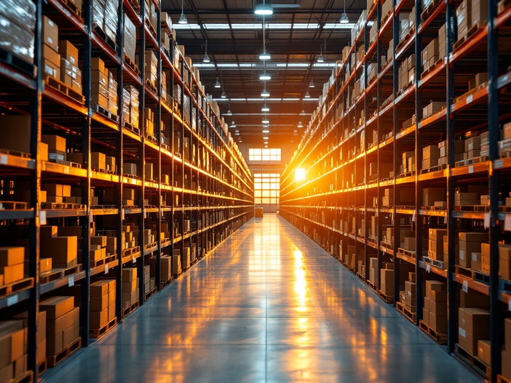 View of a modern ecommerce fulfillment warehouse in Dallas at sunset with rows of organized inventory on metal shelves under warm lights, shot from an elevated perspective.