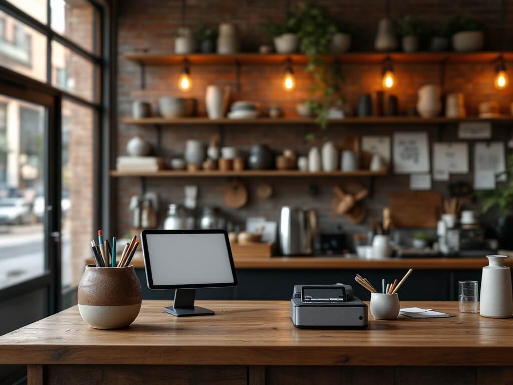 Early morning view of a small retail shop in Deep Ellum, Dallas, featuring rustic wooden counter with modern POS system, shelves with handmade goods, QuickBooks integration box, under warm Edison bulb lighting with a glass door letting in sunlight.