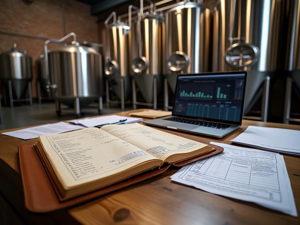 "Organized craft brewery workspace with ledger, laptop, brewing documents, and fermentation tanks in crisp detail."