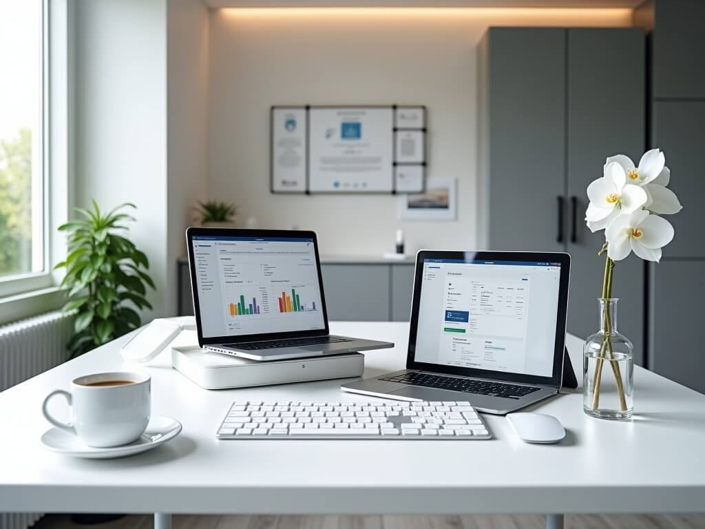 "Modern medical office workspace with a MacBook and iPad displaying financial interfaces, organized medical billing documents, a coffee mug, medical certificates on wall, and a single orchid in a vase."