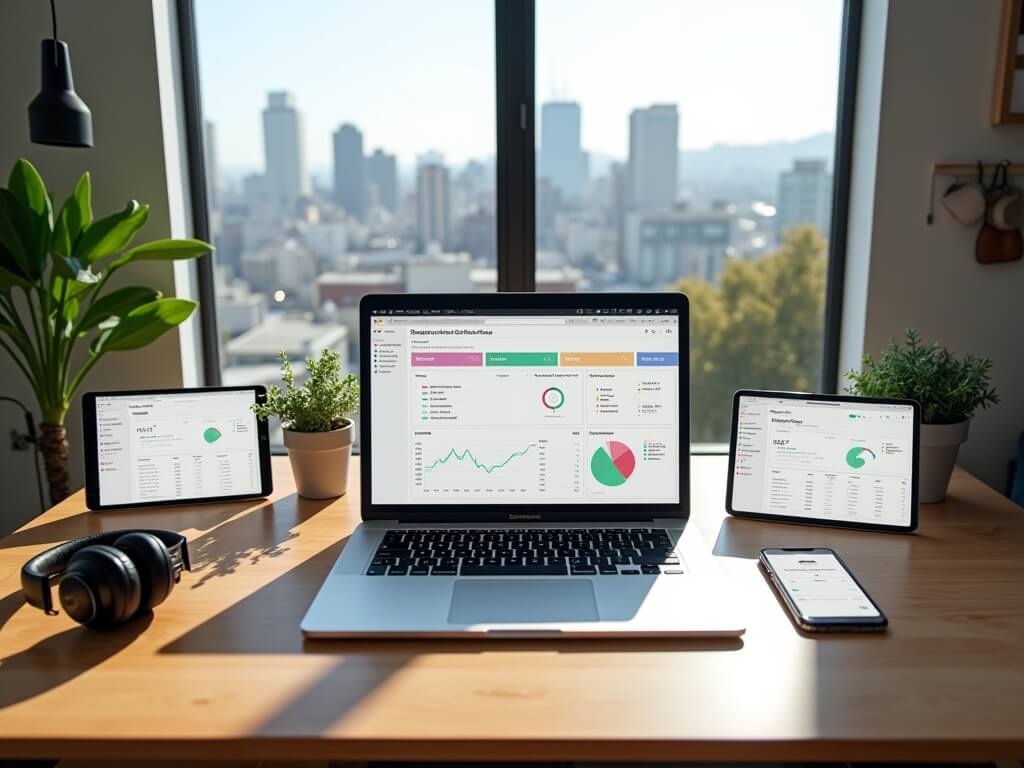 Overhead view of a neatly organized remote bookkeeping workstation in a contemporary San Francisco apartment, featuring a MacBook Pro, iPad, and iPhone displaying financial analytics, on a woodgrain desk with a plant and headphones, under natural daylight.