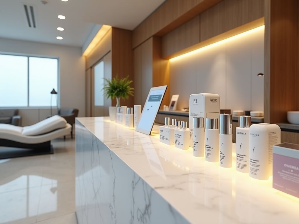 Pristine aesthetics clinic interior with a focus on high-end skincare products displayed on a white quartz counter, ambient lighting, warm wooden accents, and frosted glass partitions.