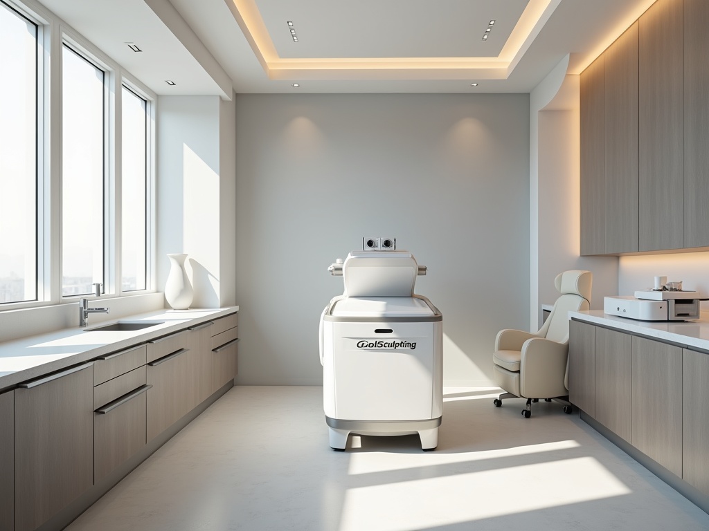 Minimalist medical spa treatment room in San Francisco with white CoolSculpting machine, quartz countertops, steel cabinets, and cream leather chair, bathed in natural daylight.