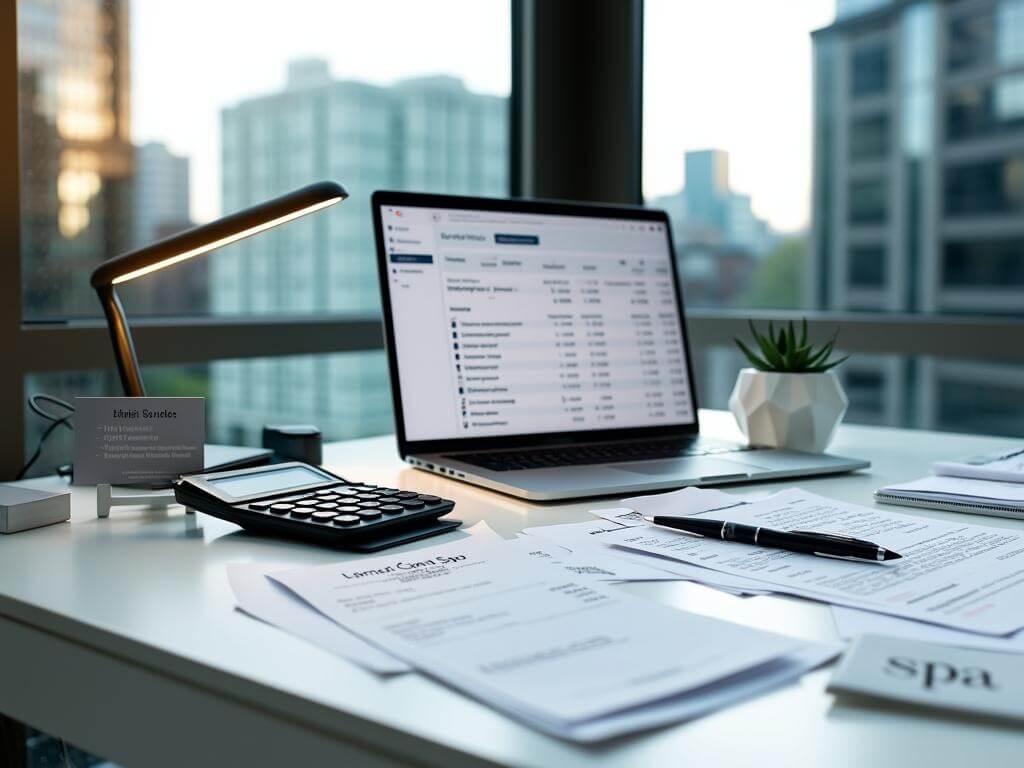 "Professional bookkeeping workspace with open MacBook Pro displaying QuickBooks, financial documents, invoices, and luxury spa receipts, in Bellevue, Washington."