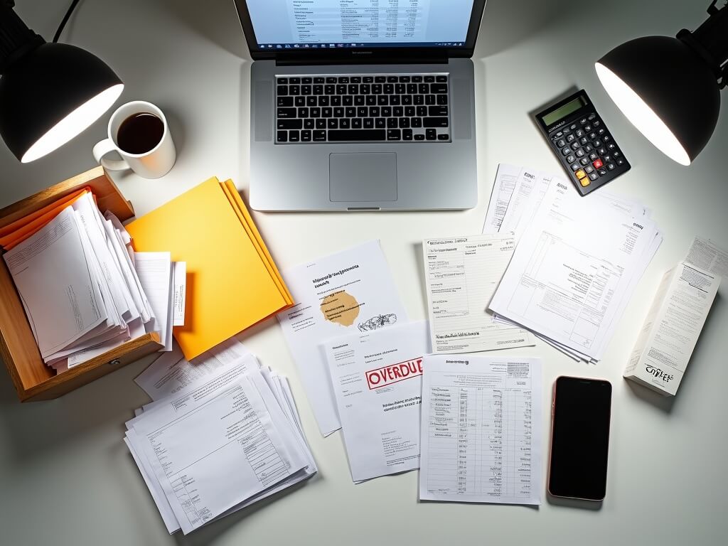 "Overhead view of a cluttered white office desk with financial documents, receipts, and invoices; a laptop displaying QuickBooks; and an 'OVERDUE' invoiced document."