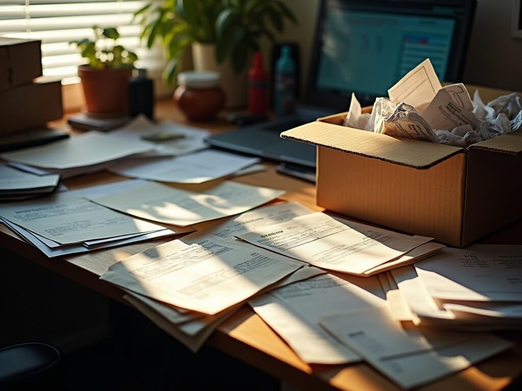 Home-based ecommerce office desk cluttered with receipts, unopened mail, laptop displaying outdated spreadsheets, and a shoebox filled with faded shipping labels in late-afternoon lighting.