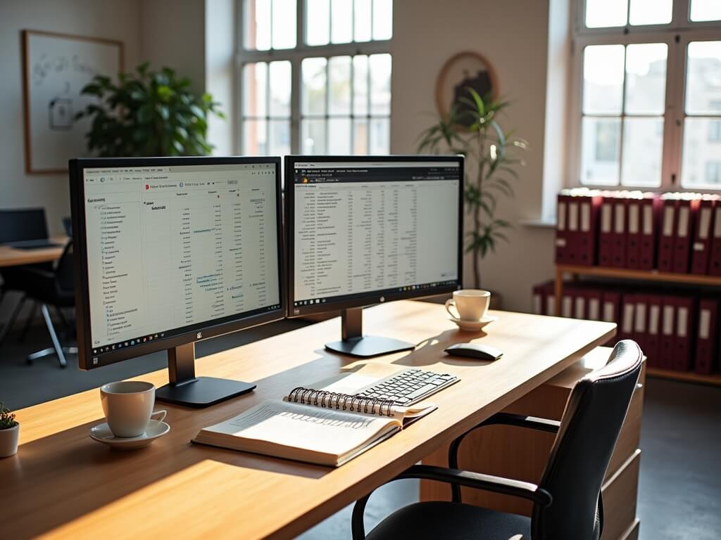 Bird’s-eye view of a serene, organized winery back-office with a wooden desk, dual-monitor setup displaying financial statements, color-coded folders, and ambient lighting.