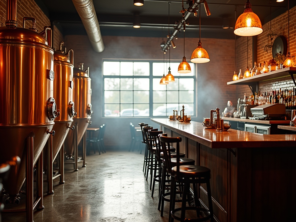 Professional interior of a brewery showcasing stainless steel fermentation tanks, copper brewing kettles, mahogany bar counter, and exposed brick walls, under warm tungsten and natural lighting.