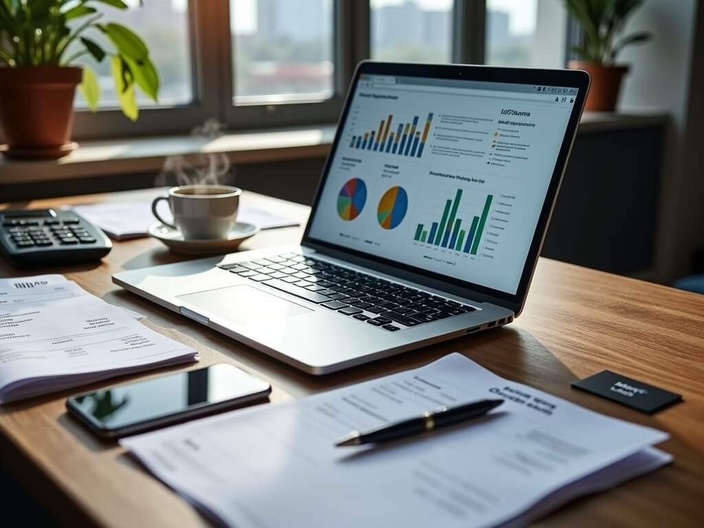 "Professional office setup with open MacBook displaying QuickBooks, business documents, calculator, coffee cup, and smartphone against Austin skyline, representing modern bookkeeping efficiency."