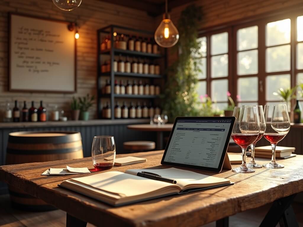A cozy winery tasting room in Austin, Texas, featuring rustic decor, soft sunlight, oak barrel tables, burgundy and gold wine bottles, dusty whiteboard, modern tablet with software, paper ledger, and a reclaimed wood countertop.