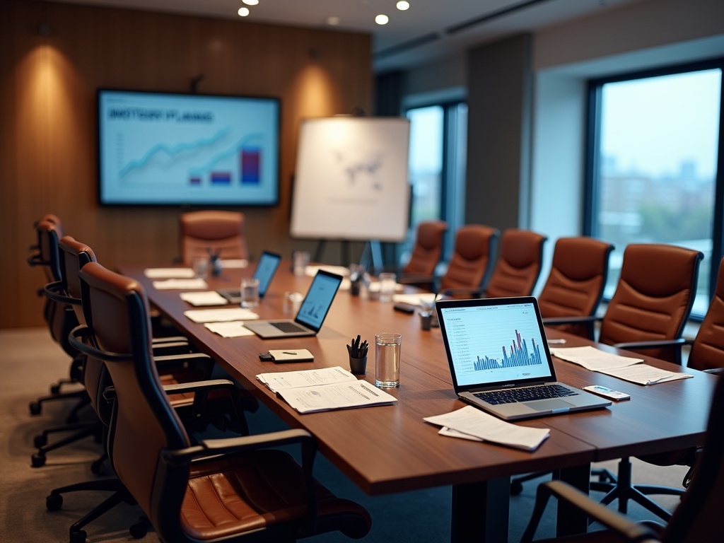 Financial advisory team in strategic planning session at large walnut conference table full of laptops, charts, and graphs, with a blurred cityscape in the background