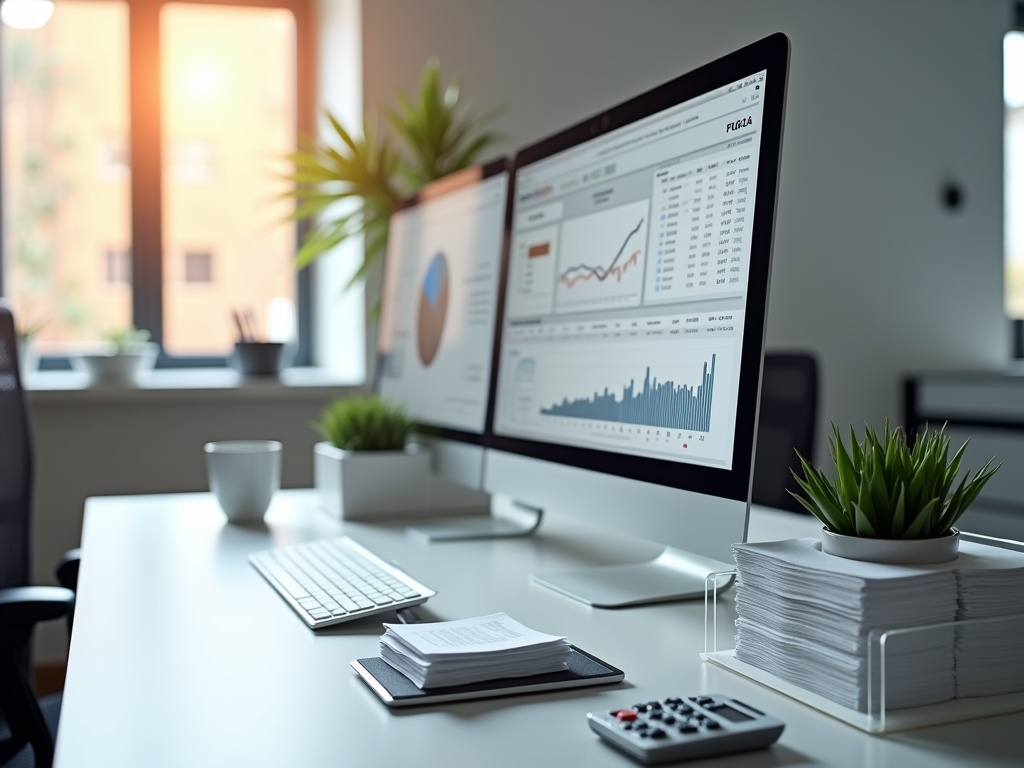 Professional bookkeeping workspace with dual monitors displaying financial data, wireless accessories, organized receipts, and office decor, shot in natural window light.