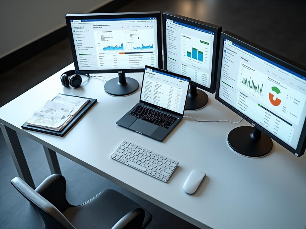 Overhead view of an ultra-organized workspace in a modern ecommerce startup in Austin featuring large monitors showing virtual bookkeeping dashboards, a sleek laptop, and unused receipt folder symbolizing transition to smart systems.