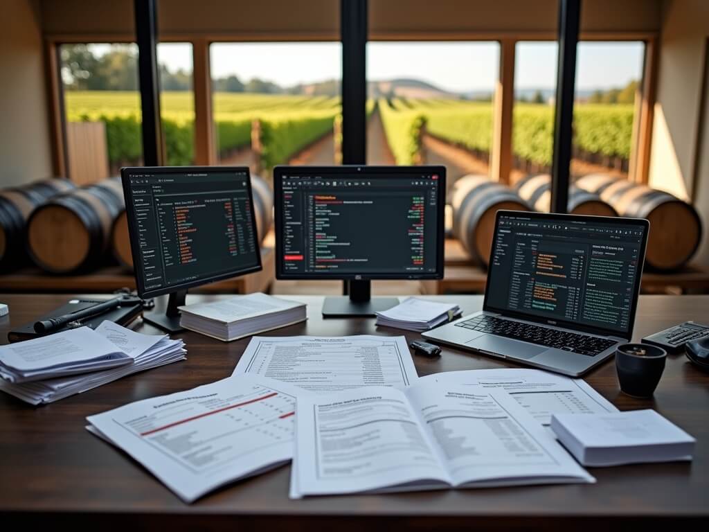 "Modern winery accounting office with organized financial documents on a desk, professional tools on a laptop, and background view of vineyard and wine cellar."