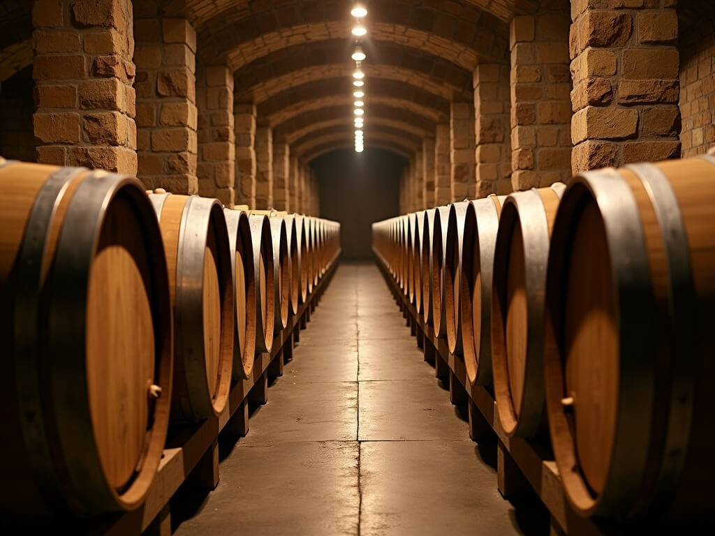 Inside temperature-controlled wine cellar at a Napa Valley winery displaying multiple rows of French oak barrels stacked neatly, under gentle LED lighting, showcasing aging and humidity control.