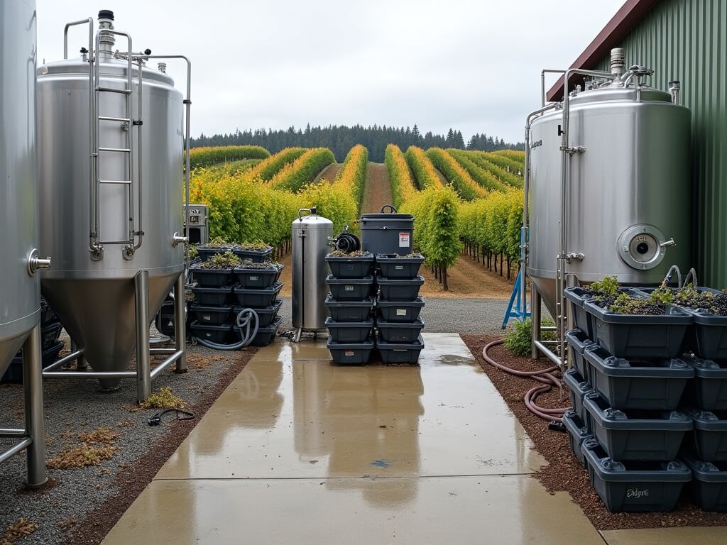 Early September harvest at a Washington vineyard capturing stainless steel fermentation tanks, grape remnants in plastic bins, a pneumatic press, surrounded by gravel drive lanes with overcast vineyard and autumnal hues in background.