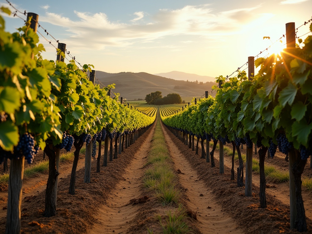 Sunlit vineyard with purple grapes on dense green vines, long vine rows extending to rolling hills, oak trees dotting the landscape under a clear sky.