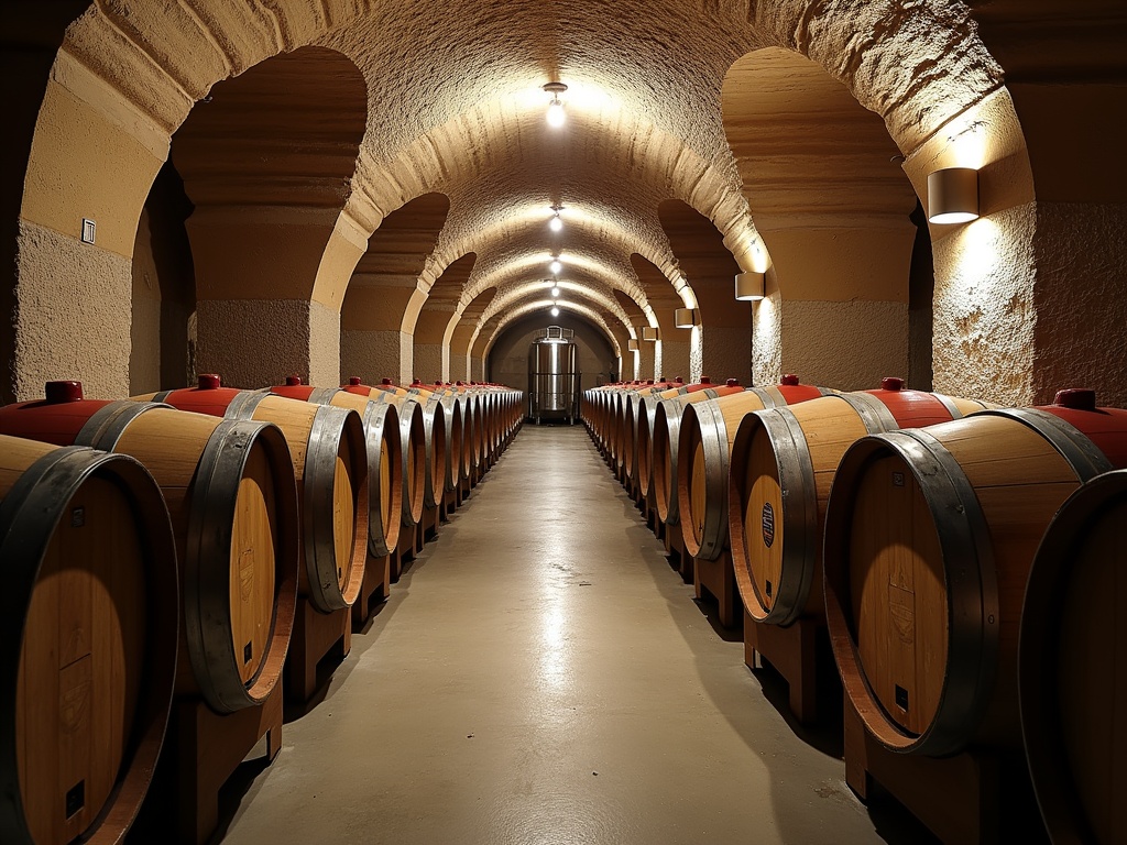 Underground wine cellar with arched stone ceilings, hundreds of French oak barrels, temperature monitoring equipment, stainless steel fermentation tanks, and modern tracking systems.