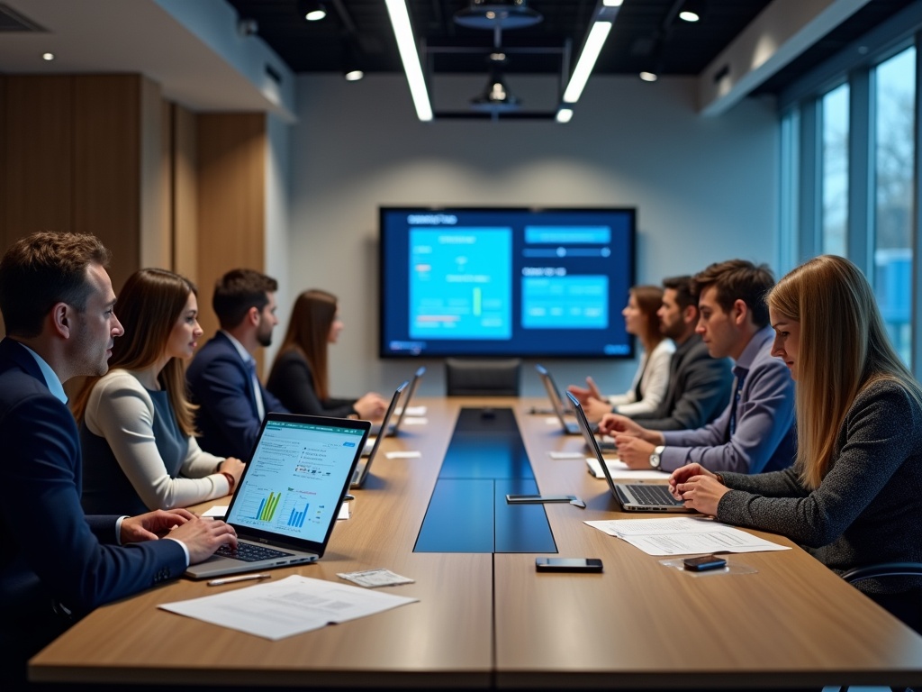 Business professionals in a modern meeting room reviewing financial documents and QuickBooks interfaces on multiple laptops, with AI bookkeeping data displayed on a large screen.