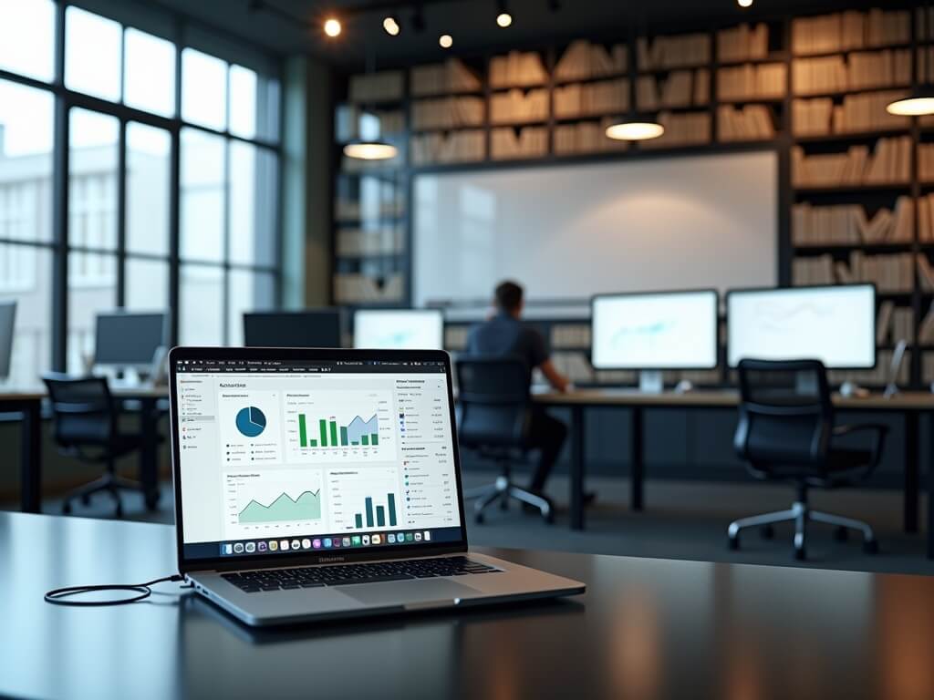 Modern SaaS startup office with glass-walled workspace, dual-monitor setups displaying real-time financial dashboards, MacBook Pro showing an investor-ready report in Google Sheets, and fintech bookshelf background.