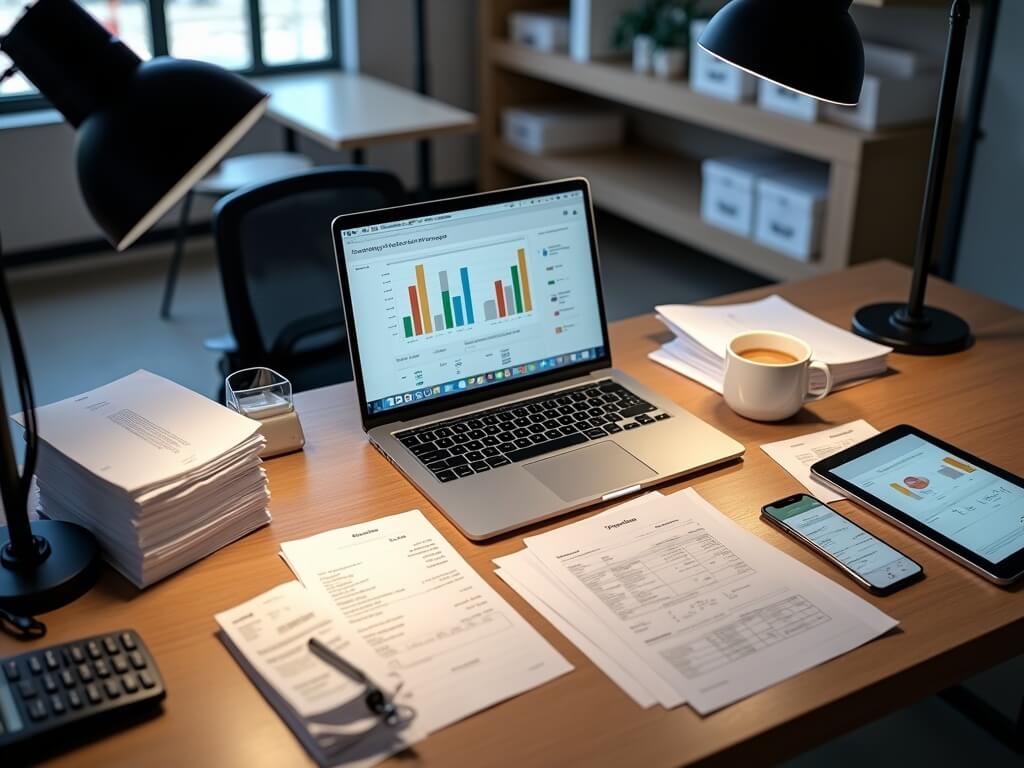 "Overhead shot of a neat retail back office workspace with an open laptop displaying financial reports, a tablet, smartphone, calculator, and organized business documents on a wooden desk."