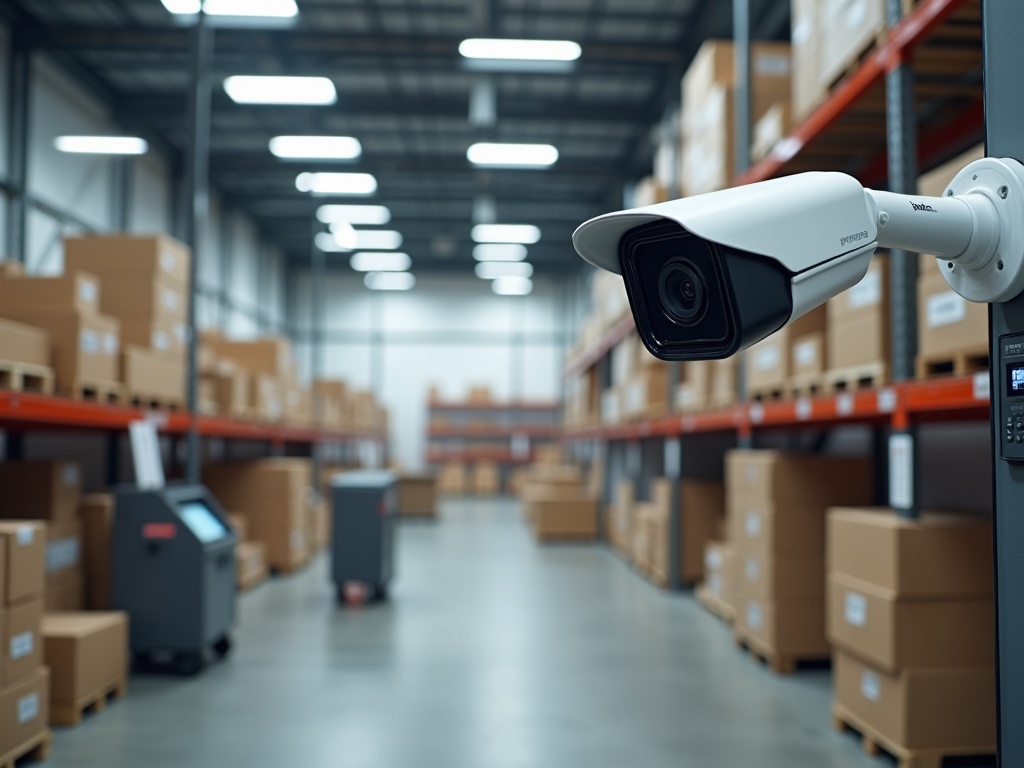 Security camera system in a modern retail stockroom with organized shelving units, barcode scanners, and an employee access control keypad.