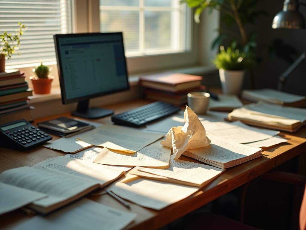Photograph of a cluttered retail boutique office with disheveled paperwork, a dusty calculator, and an outdated accounting software on the monitor, bathed in muted sunlight for a nostalgic effect.