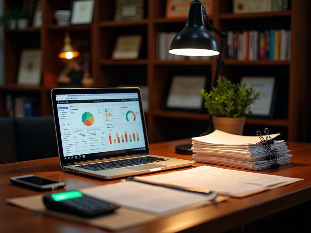 "Organized restaurant office space with a mahogany desk featuring an open laptop showing financial spreadsheets, a calculator, stacked receipts, and documentation, with softly lit background."
