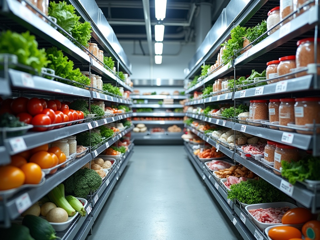 Interior view of a well-organized restaurant walk-in cooler with fresh ingredients on wire shelves, stainless steel reflections, and cool LED lighting.