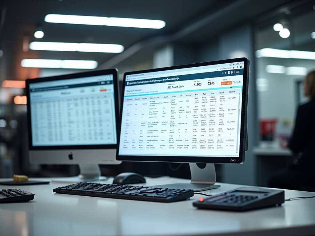 Payroll manager's modern workspace with dual screens running payroll and tip reporting software, on a clean white desk with calculator, compliance binder, and accordion file folder. Captured without faces.