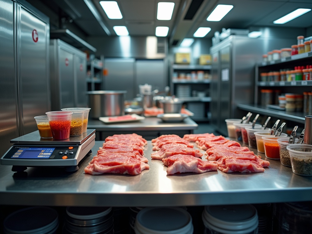 Professional food prep station in a restaurant kitchen with portioned proteins on digital scales, filled measuring cups, and organized portion containers, illuminated by soft overhead LED lighting.
