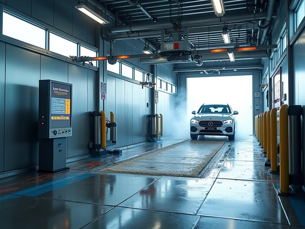 "Modern automatic tunnel carwash facility with stainless steel equipment, high-pressure nozzles, rotating brushes, foam dispensers, point-of-sale kiosk and water reclamation equipment."