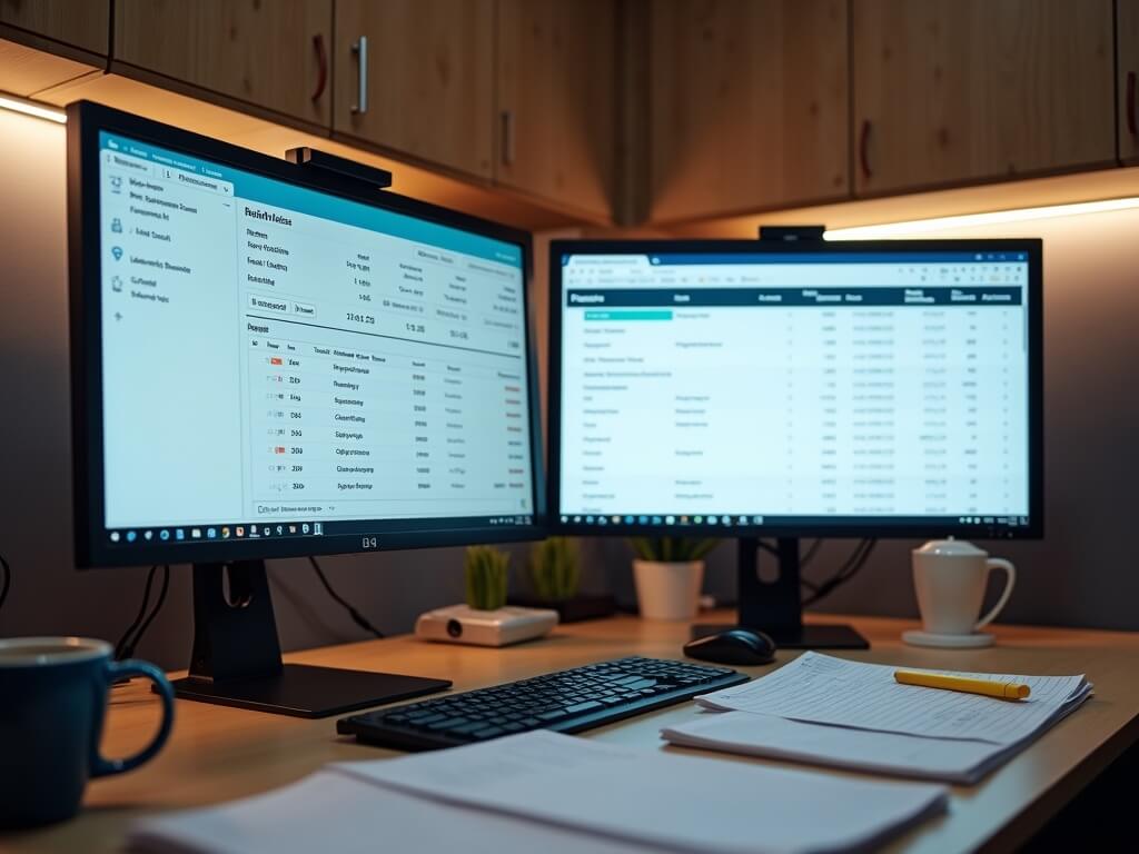 Dual-monitor accounting setup in a carwash business's back-office, showing subscription revenue entries and equipment depreciation logs, with printed schedule, ledger, coffee mug, and highlighter in the foreground.