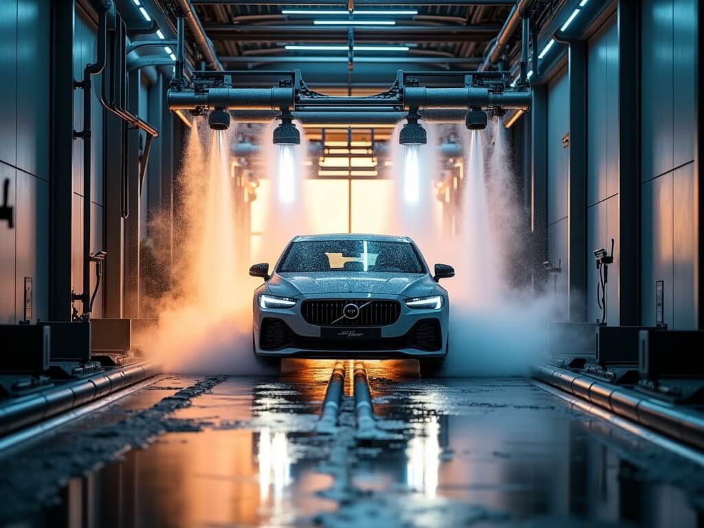 Photorealistic capture of an operational carwash tunnel at dusk, showcasing illuminated industrial equipment, wet concrete surface, and metal-clad walls. Shot with Canon EOS R5.