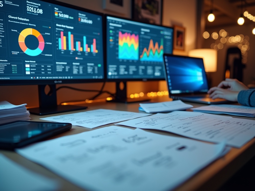 Modern accounting workspace with organized financial documents, multiple monitors displaying data analytics and systems, under warm LED lighting.